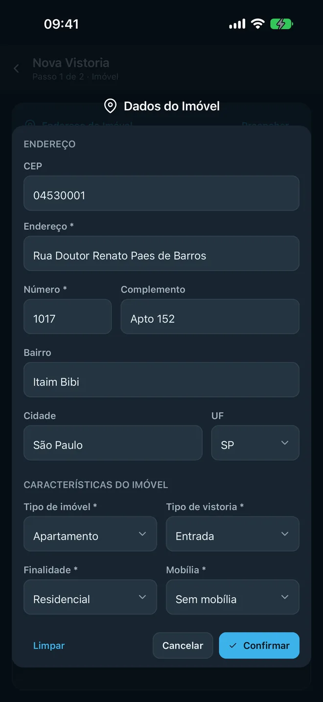 Cadastro do imóvel no aplicativo, com o endereço preenchido pelo CEP