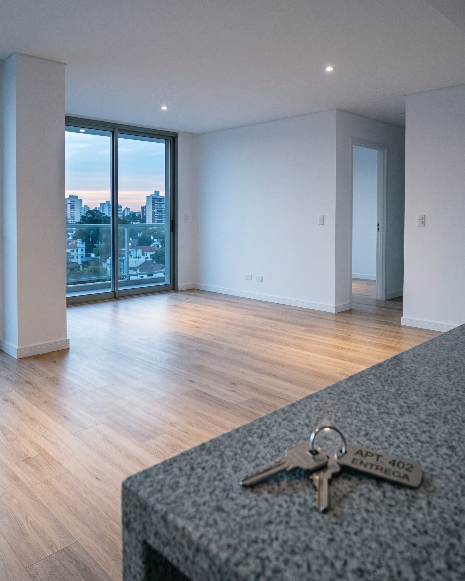 Apartamento vazio ao entardecer, com as chaves da entrega sobre a bancada e a cidade pela janela