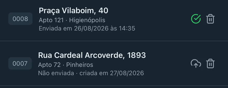 Três vistorias na lista do aplicativo: uma enviada, uma que nunca saiu do aparelho e uma alterada depois do envio